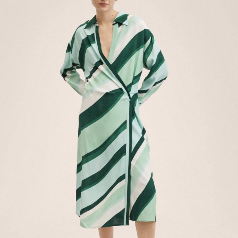 Mango MNG Green Bio Multi-Stripe Long Cuffed Sleeve Wrap Dress Size Small